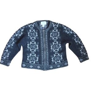 Hand Knit Nordic Fair Isle Zip Up Sweater Jacket Women's Size Petite Medium